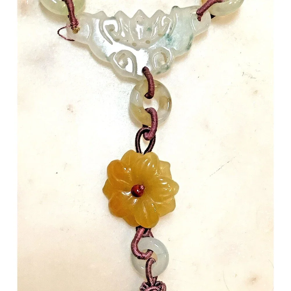 Vintage Jadeite Carved Necklace Y-Drop Pendant Silk Cord Asian Bead Lariat